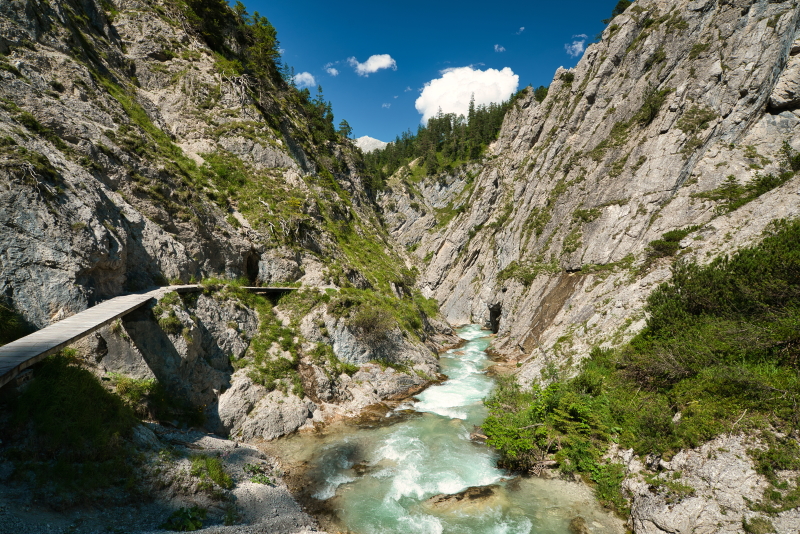 The famous Gleirschklamm Gorge, Wooden walkways pass by the fast flowing river